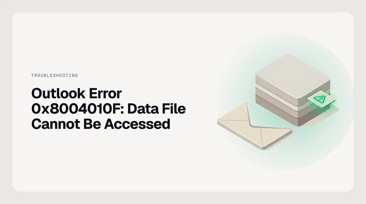 Outlook error 0x8004010F dialog box with 'data file cannot be accessed' message and a repair path diagram showing the OAB and PST fix routes