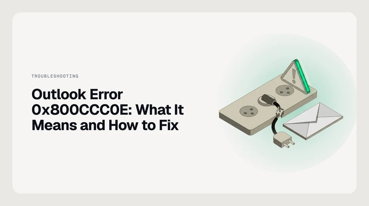 Outlook error 0x800CCC0E diagnostic guide showing port settings, encryption types, and connection troubleshooting steps for IMAP and SMTP mail servers