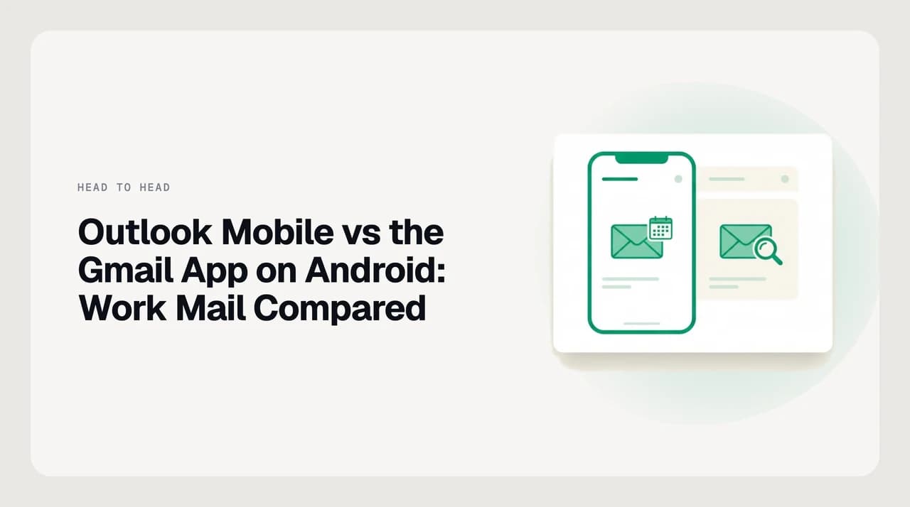 Side-by-side comparison of Outlook mobile and the Gmail app on Android for a work mailbox, showing calendar, search and device-management differences