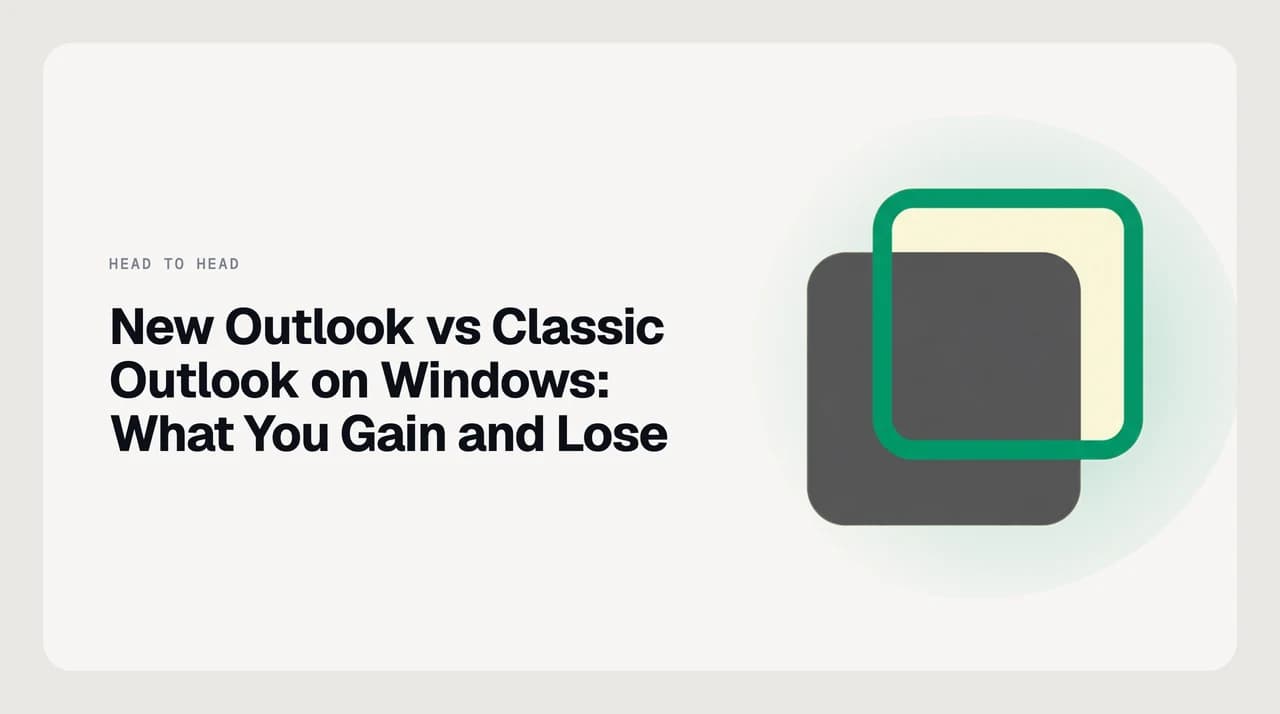 New Outlook vs classic Outlook on Windows compared side by side: a web-architected client next to a Win32 desktop application, with the capability gaps between them