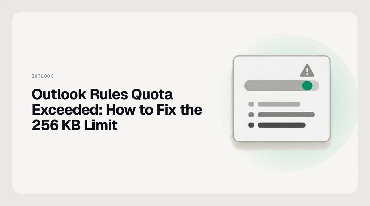 Illustration of an Outlook inbox rules list overflowing a 256 KB storage gauge, representing the Outlook rules quota exceeded error