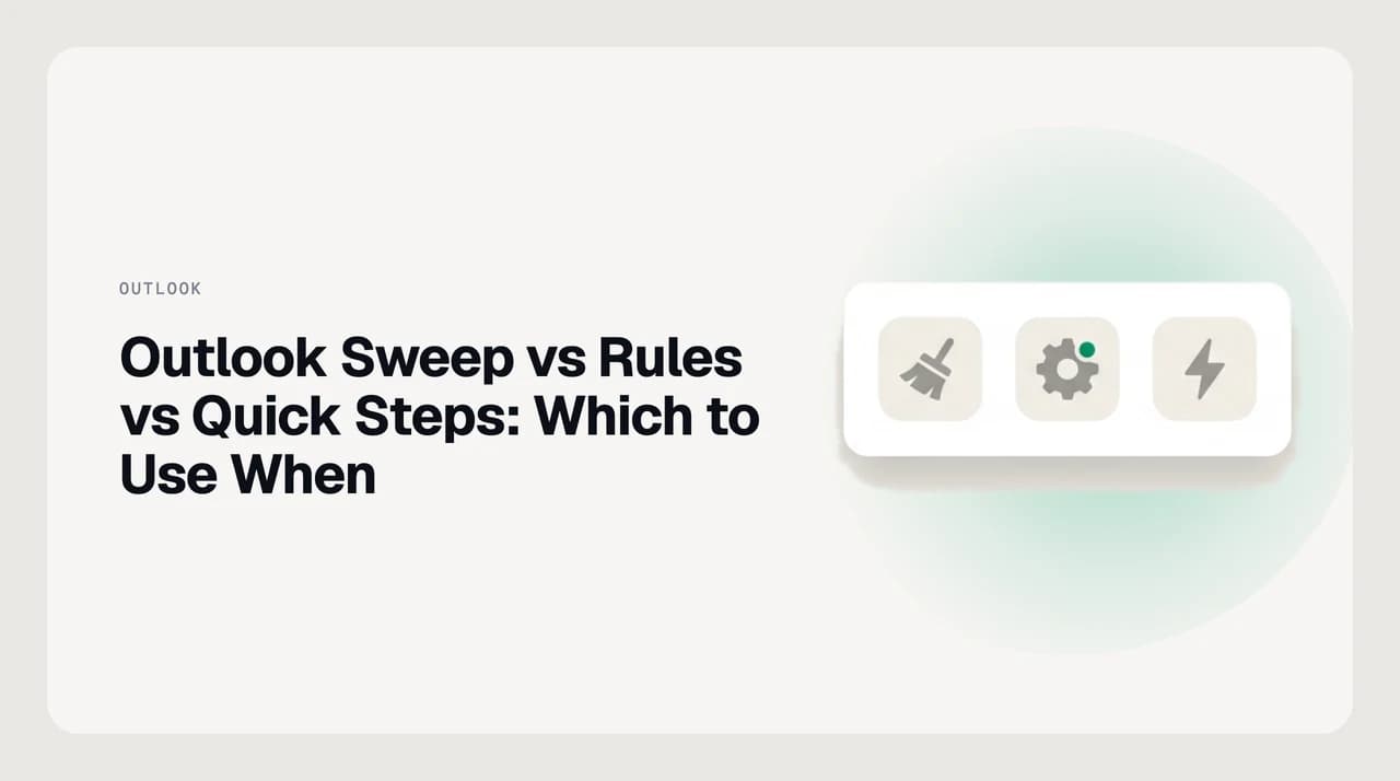 Decision diagram comparing when to use Outlook Sweep, rules, or Quick Steps for repetitive email