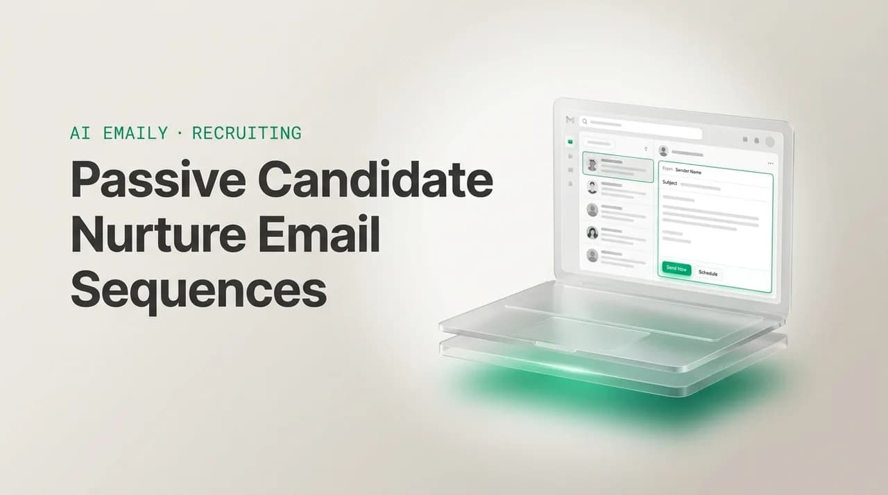 AI Emaily blog cover for passive candidate email sequence, showing an AI email client on a laptop with the headline Passive Candidate Nurture Email Sequences