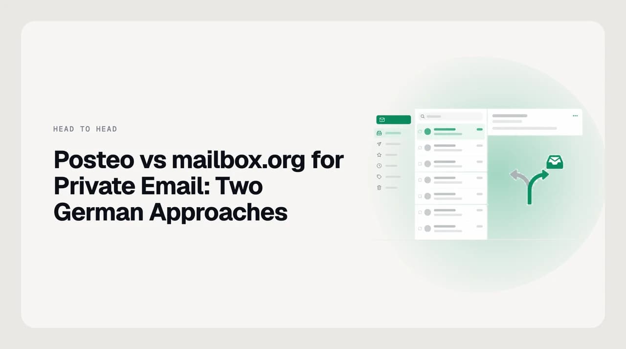Side-by-side comparison of Posteo and mailbox.org for private email, showing data minimisation on one side and custom domain support on the other