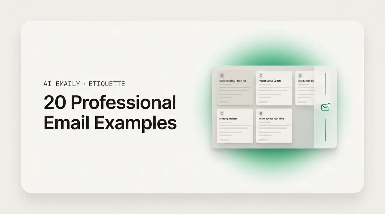 AI Emaily blog cover for professional email examples, showing a set of professional email example cards