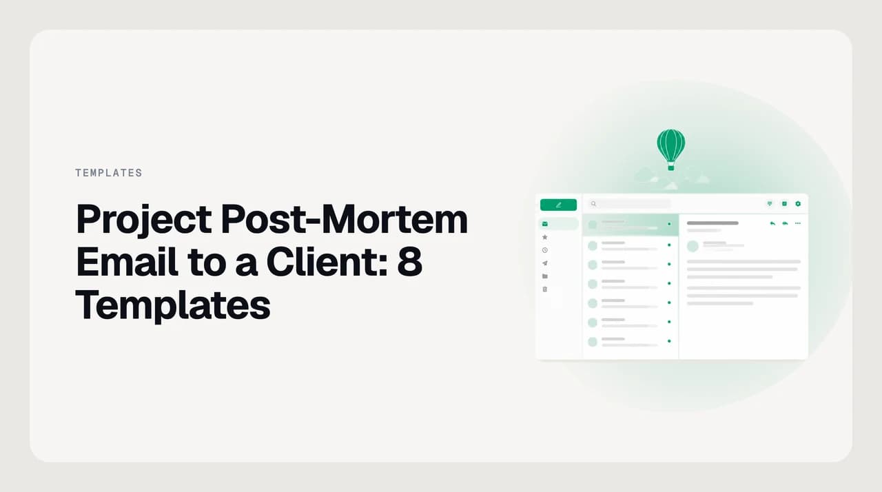 Two overlapping speech bubbles labeled what worked and what did not, connected by an arrow to a third bubble labeled changes committed, representing the structure of a project post-mortem email to a client