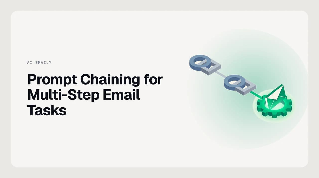 Diagram showing prompt chaining for multi-step email tasks: four linked stages — extract context, decide strategy, draft the reply, and check for accuracy