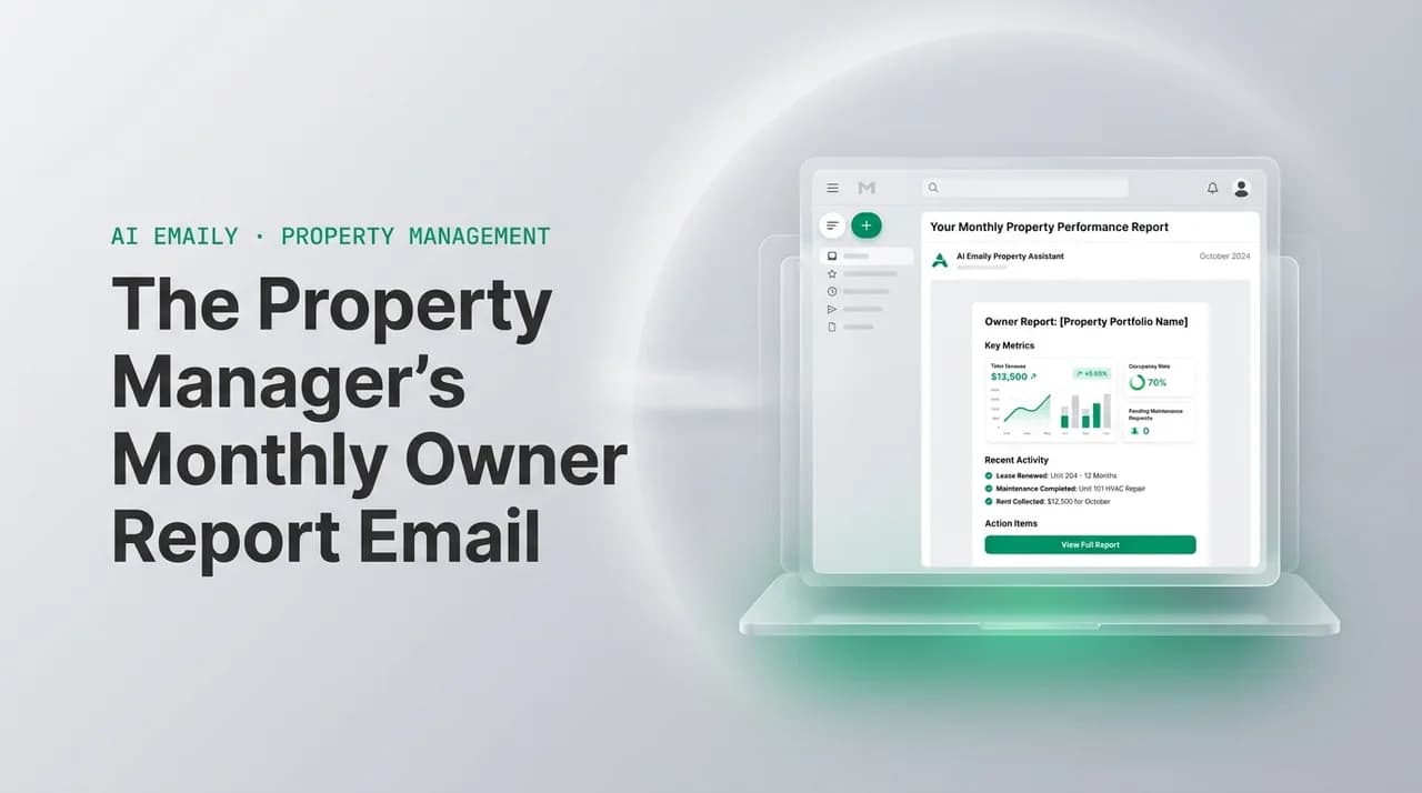 AI Emaily blog cover for property management report to owner email, showing an AI email client on a laptop with the headline The Property Manager's Monthly Owner Report Email