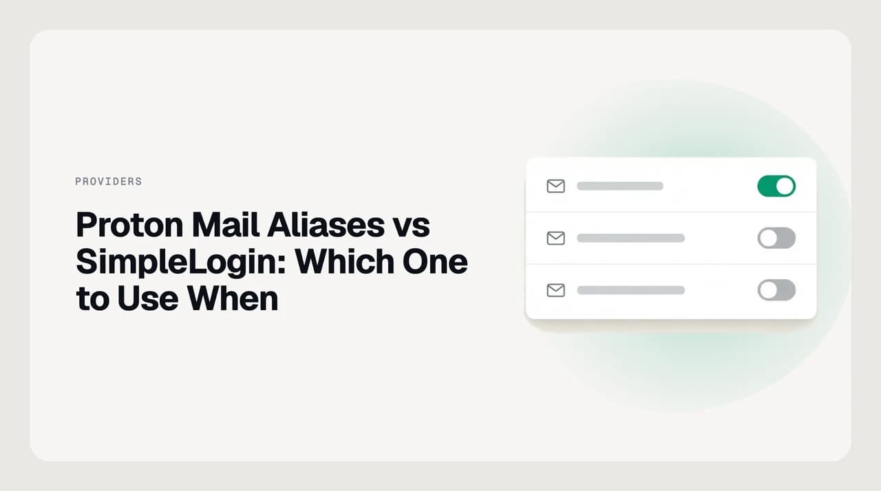 Two diverging paths from a single inbox, representing the choice between a Proton Mail alias and a SimpleLogin alias