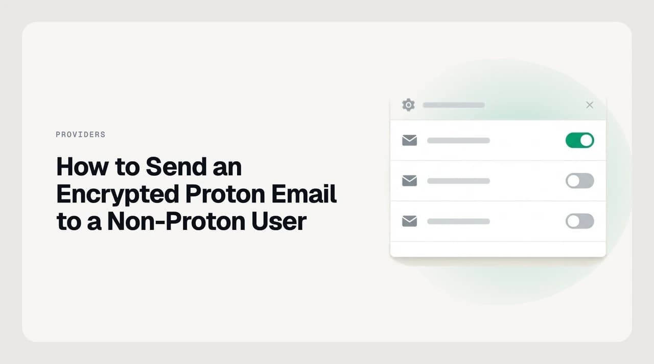 A locked envelope passing from a Proton Mail account to a generic external inbox, with a separate key representing the out-of-band password