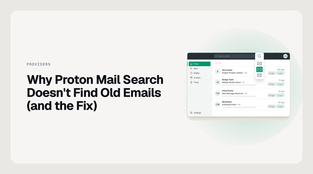 Illustration of an encrypted mailbox with a magnifying glass finding only some messages, representing an incomplete local search index