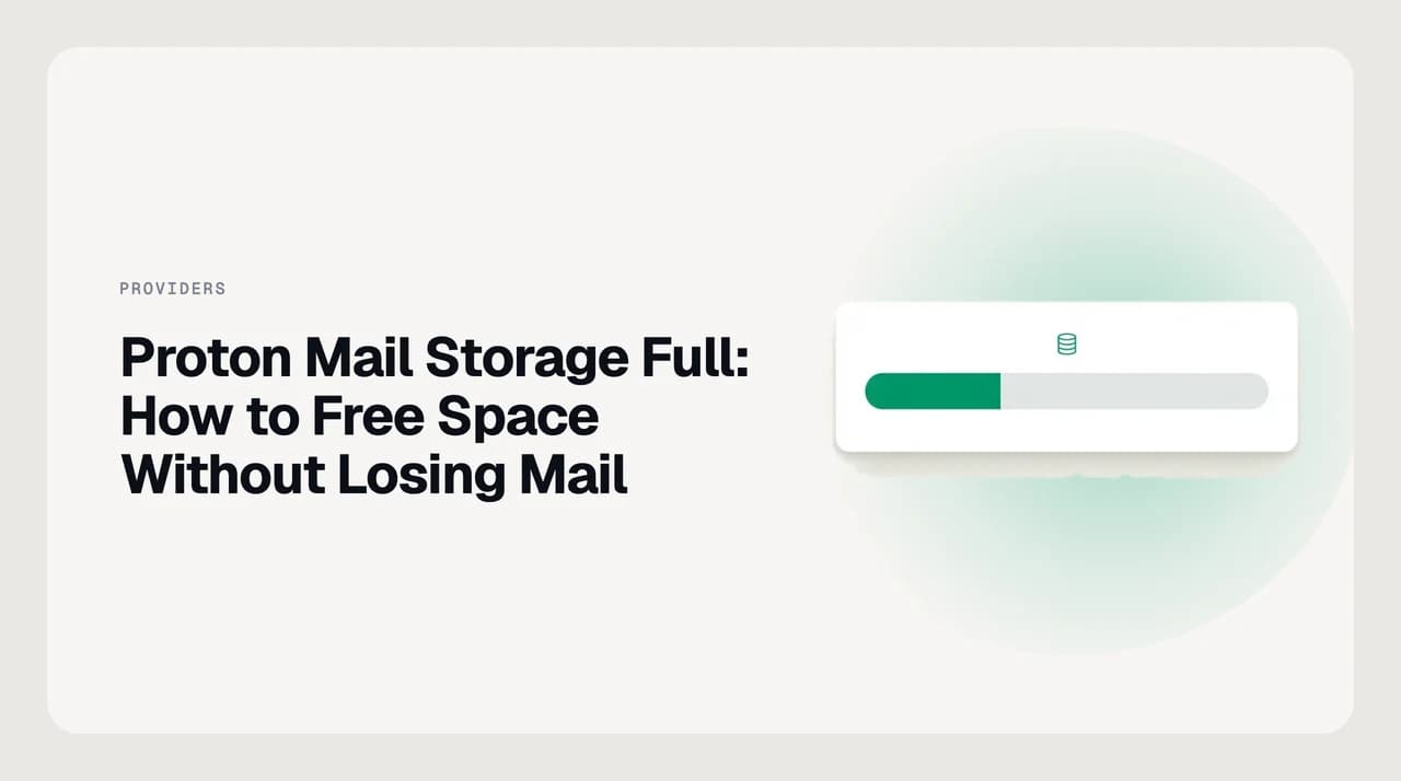 Illustration of a Proton Mail storage gauge overflowing with attachments, sent copies, and trash, representing a full mailbox that needs cleanup
