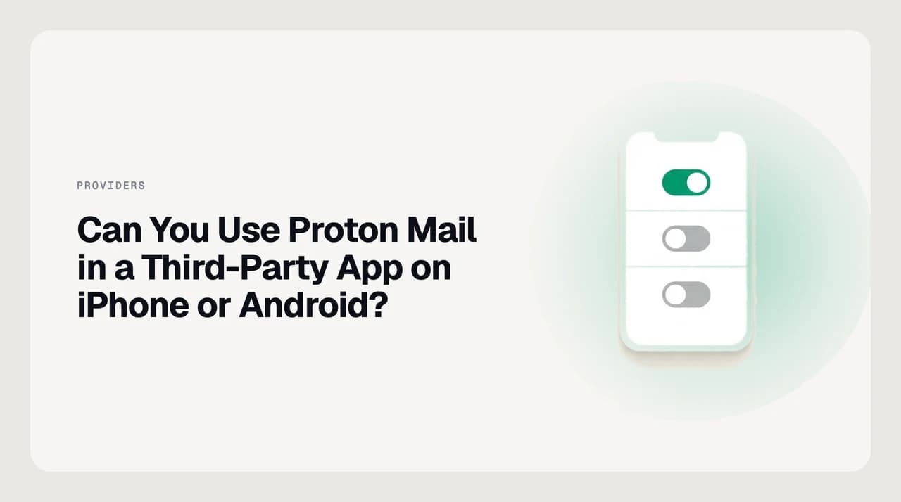 Diagram showing a smartphone unable to reach Proton Mail's encrypted server directly, while a desktop computer connects through the Proton Bridge application, illustrating why third-party mobile apps cannot add a Proton Mail account