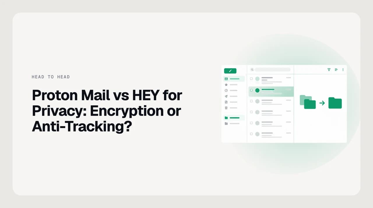 Proton Mail vs HEY for privacy — a locked mail archive on one side and a blocked tracking pixel on the other, showing two different privacy threats