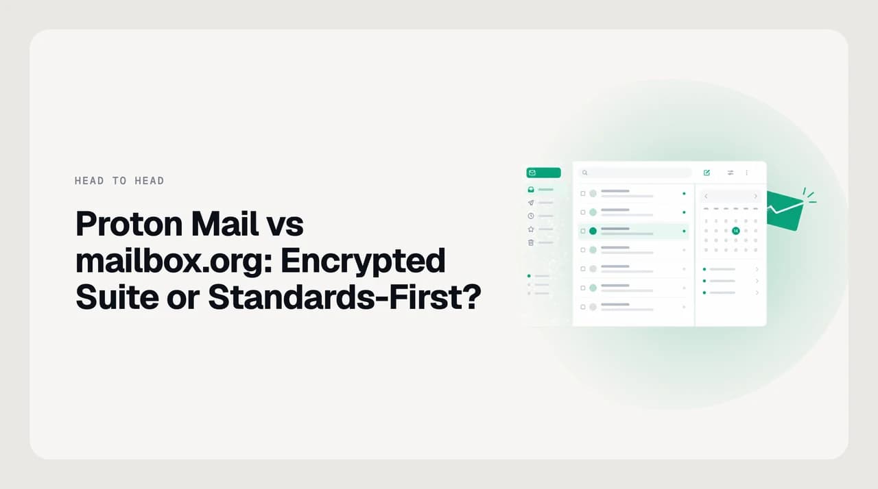 Split illustration comparing Proton Mail's closed encrypted ecosystem with mailbox.org's standards-first IMAP and PGP mailbox for private email