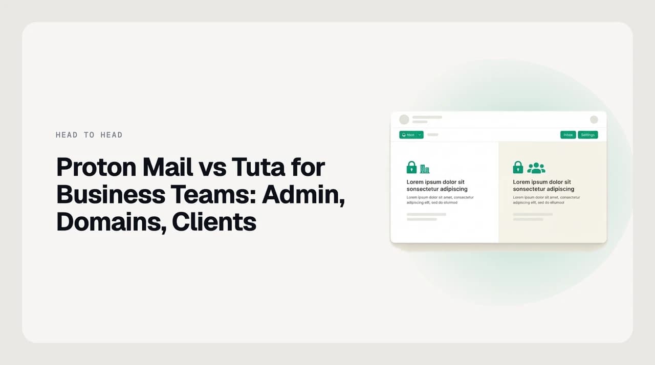 Side-by-side comparison of Proton Mail and Tuta for business teams, showing admin console, custom domain and desktop client differences