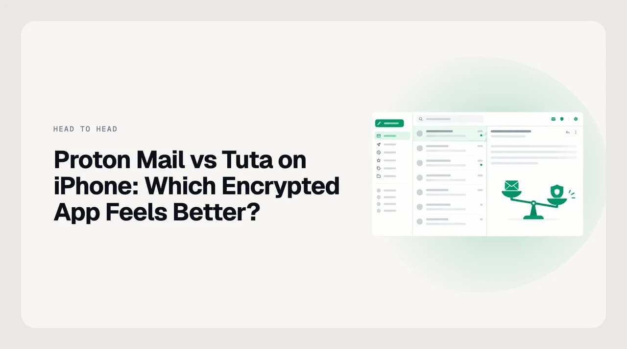 Two iPhone screens side by side representing Proton Mail vs Tuta on iPhone, one showing an encrypted search index and one showing notification category controls