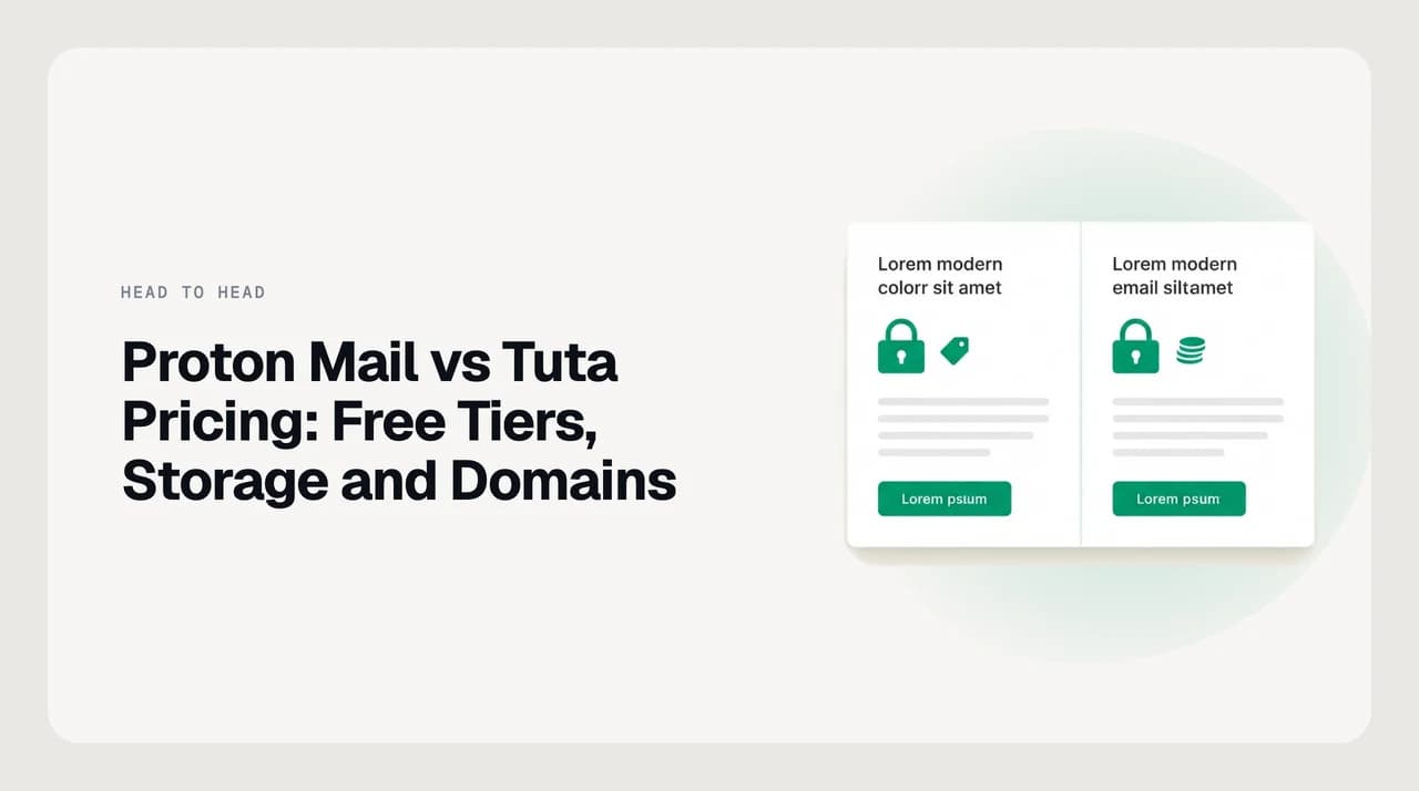 Side-by-side comparison of Proton Mail and Tuta pricing structure, showing free tier limits, storage bands, custom domain allowances and alias counts