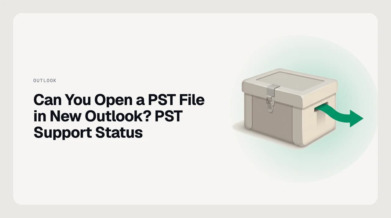 Illustration for PST file support in new Outlook: a local .pst archive file on a hard drive connected by a partial link to a cloud mailbox