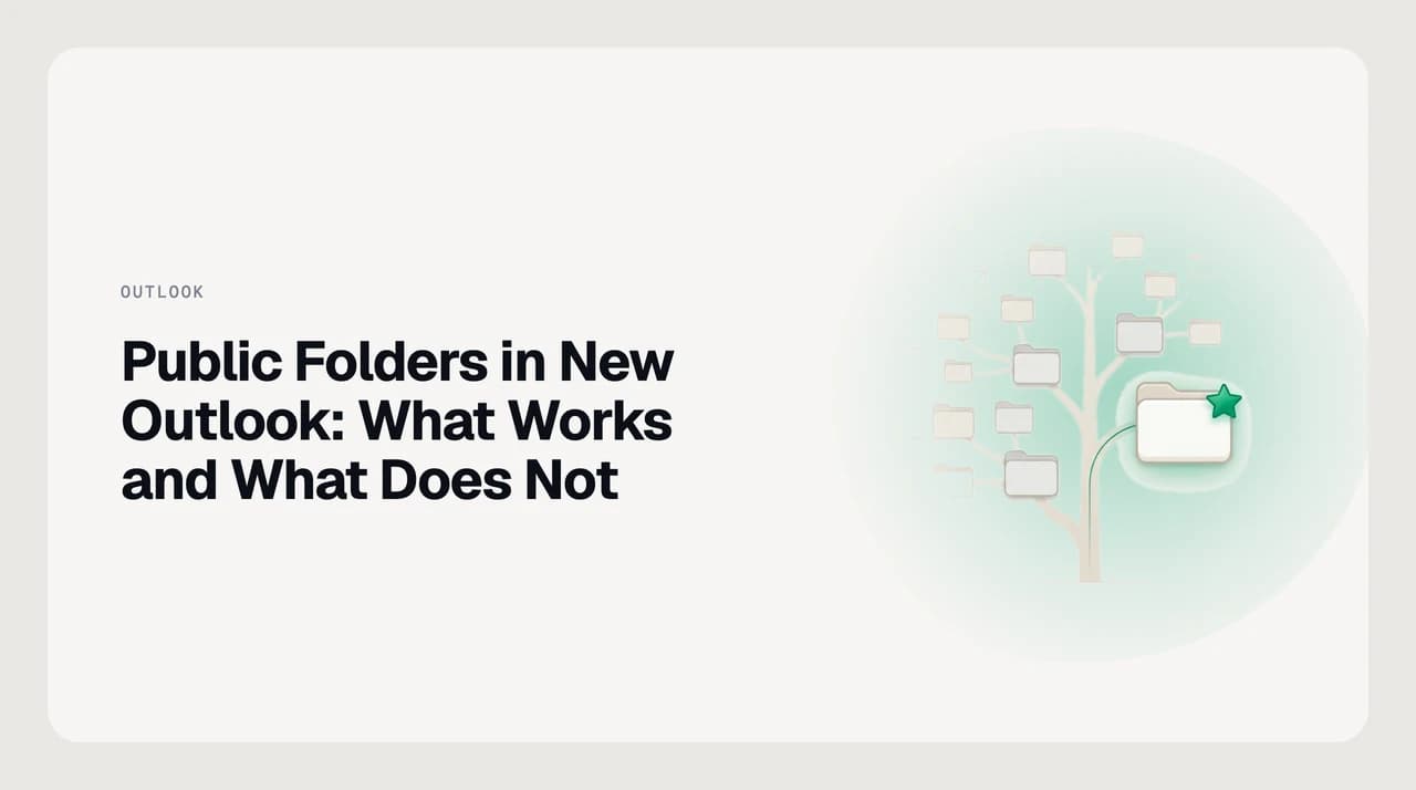 Illustration for public folders in new Outlook: a deep Exchange public folder tree narrowing to the handful of folders new Outlook can show under Favorites