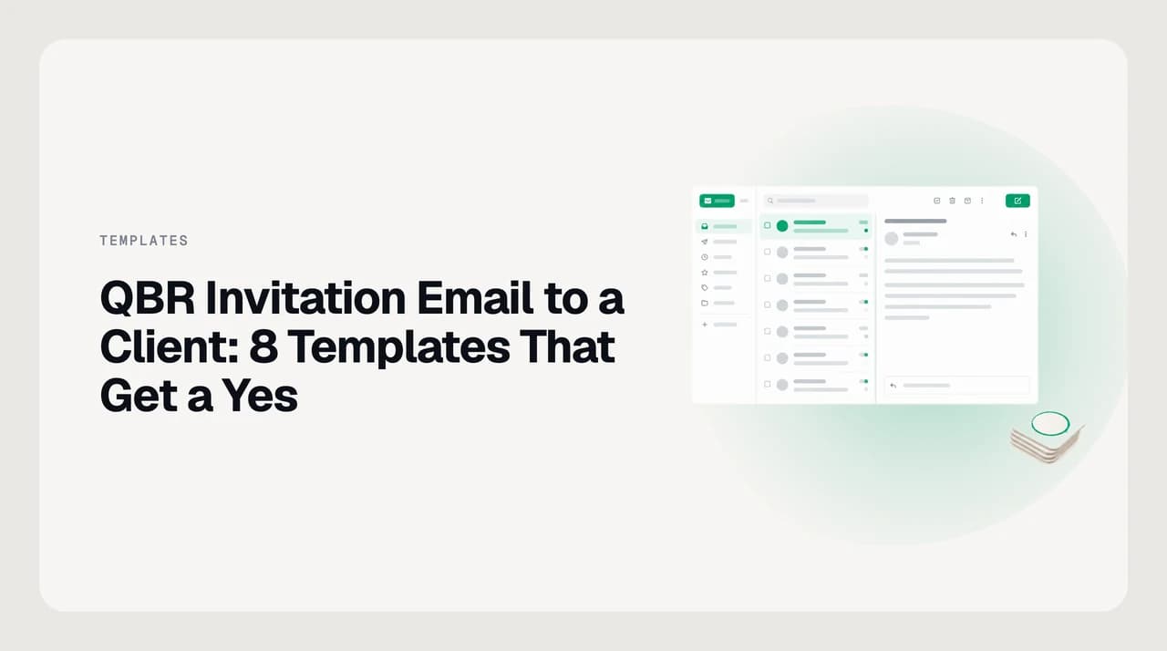 A QBR invitation email open in an inbox, with a calendar and a decisions-needed list beside it
