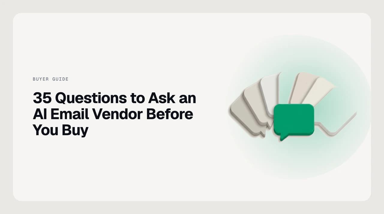 AI Emaily blog cover for questions to ask an AI email vendor, showing a buyer's question bank for vetting AI email software before purchase