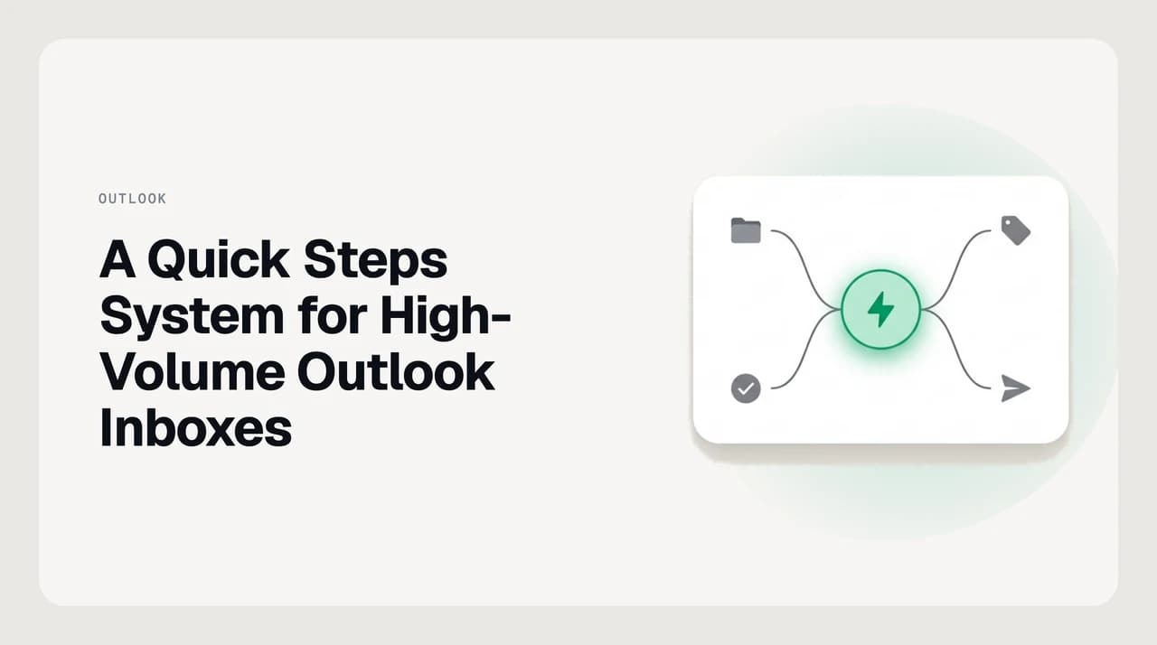 Diagram of a three-set Quick Steps system for a high-volume Outlook inbox — triage, delegation, and close-the-loop, each bound to a keyboard shortcut