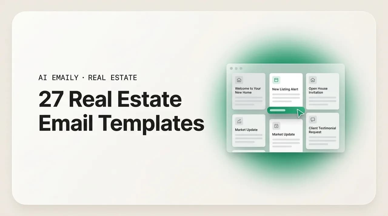 AI Emaily blog cover for real estate email templates, showing a library of ready-to-use templates