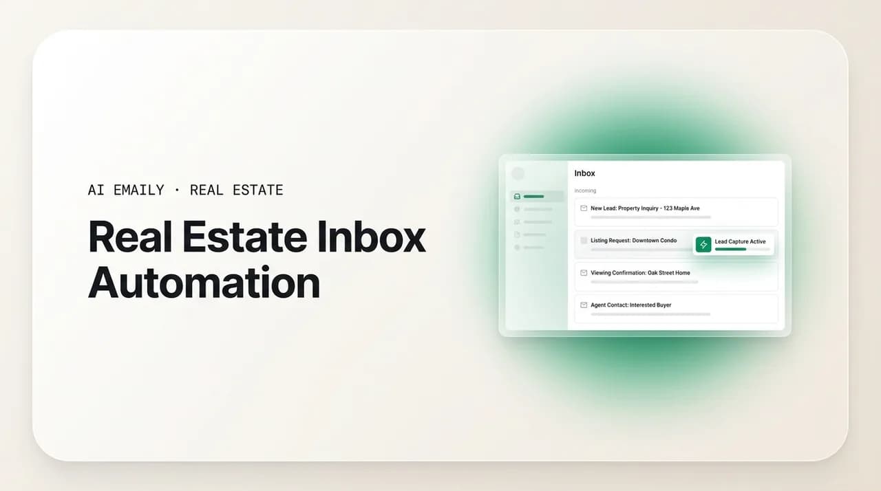 AI Emaily blog cover for real estate inbox automation, showing an inbox capturing every lead
