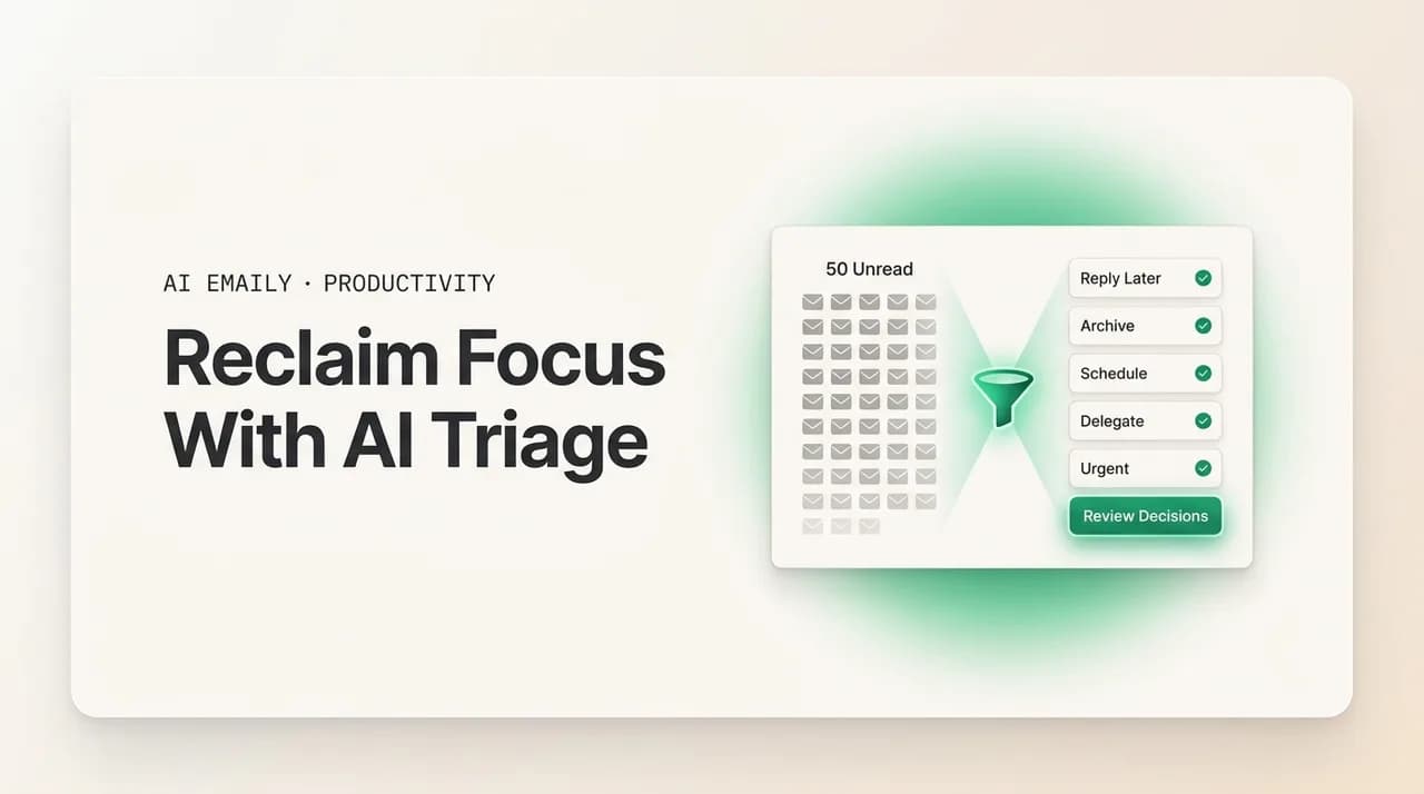 AI Emaily blog cover for reclaim focus with AI triage, showing 50 unread emails triaged to 5 decisions
