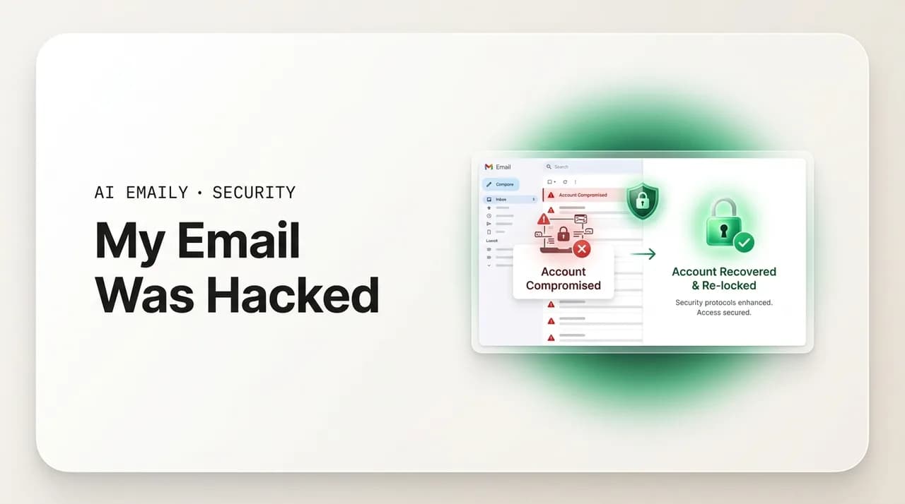 AI Emaily blog cover for how to recover a hacked email, showing a compromised account being recovered and locked