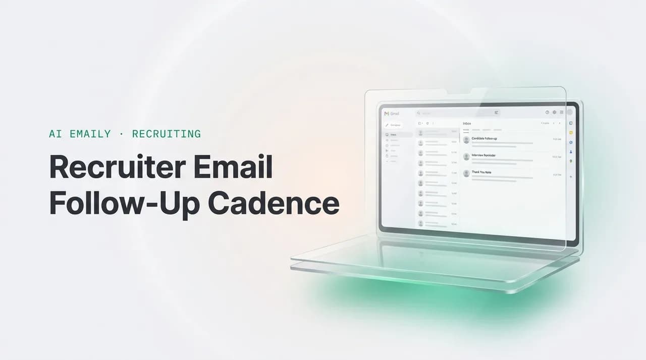 AI Emaily blog cover for recruiter follow up email cadence, showing an AI email client on a laptop with the headline Recruiter Email Follow-Up Cadence
