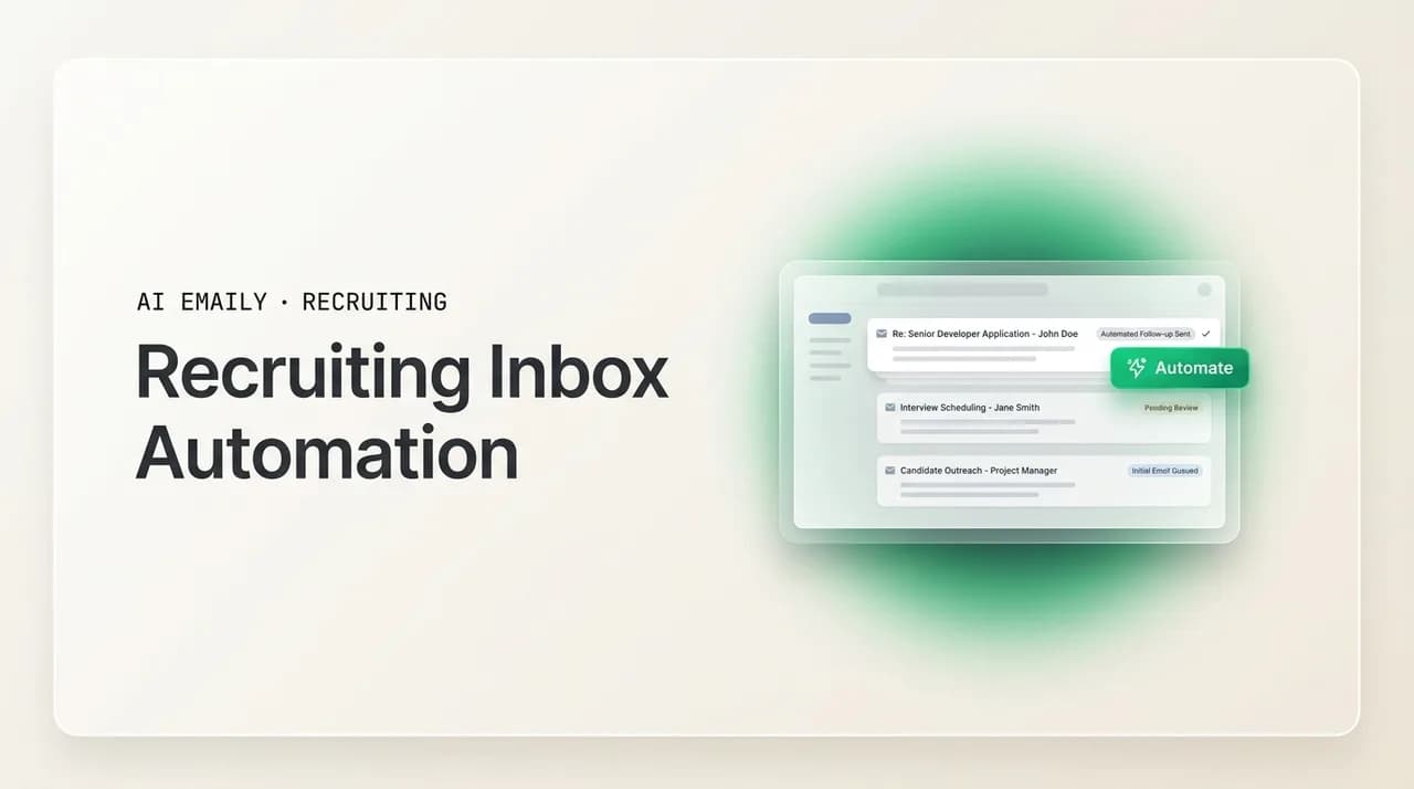 AI Emaily blog cover for recruiting inbox automation, showing an inbox that never loses a candidate