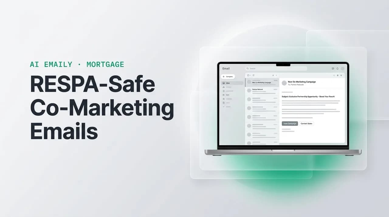 AI Emaily blog cover for RESPA compliant co-marketing email loan officer realtor, showing an AI email client on a laptop with the headline RESPA-Safe Co-Marketing Emails