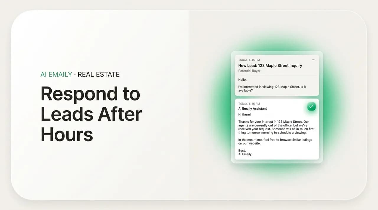 AI Emaily blog cover for responding to real estate leads after hours, showing a lead answered after hours