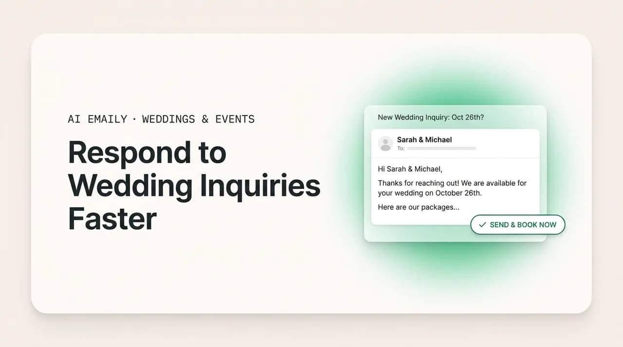 AI Emaily blog cover for responding to wedding inquiries faster, showing an inquiry answered to win the booking