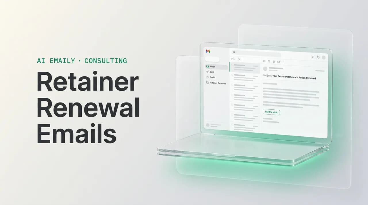 AI Emaily blog cover for retainer renewal email consultant, showing an AI email client on a laptop with the headline Retainer Renewal Emails