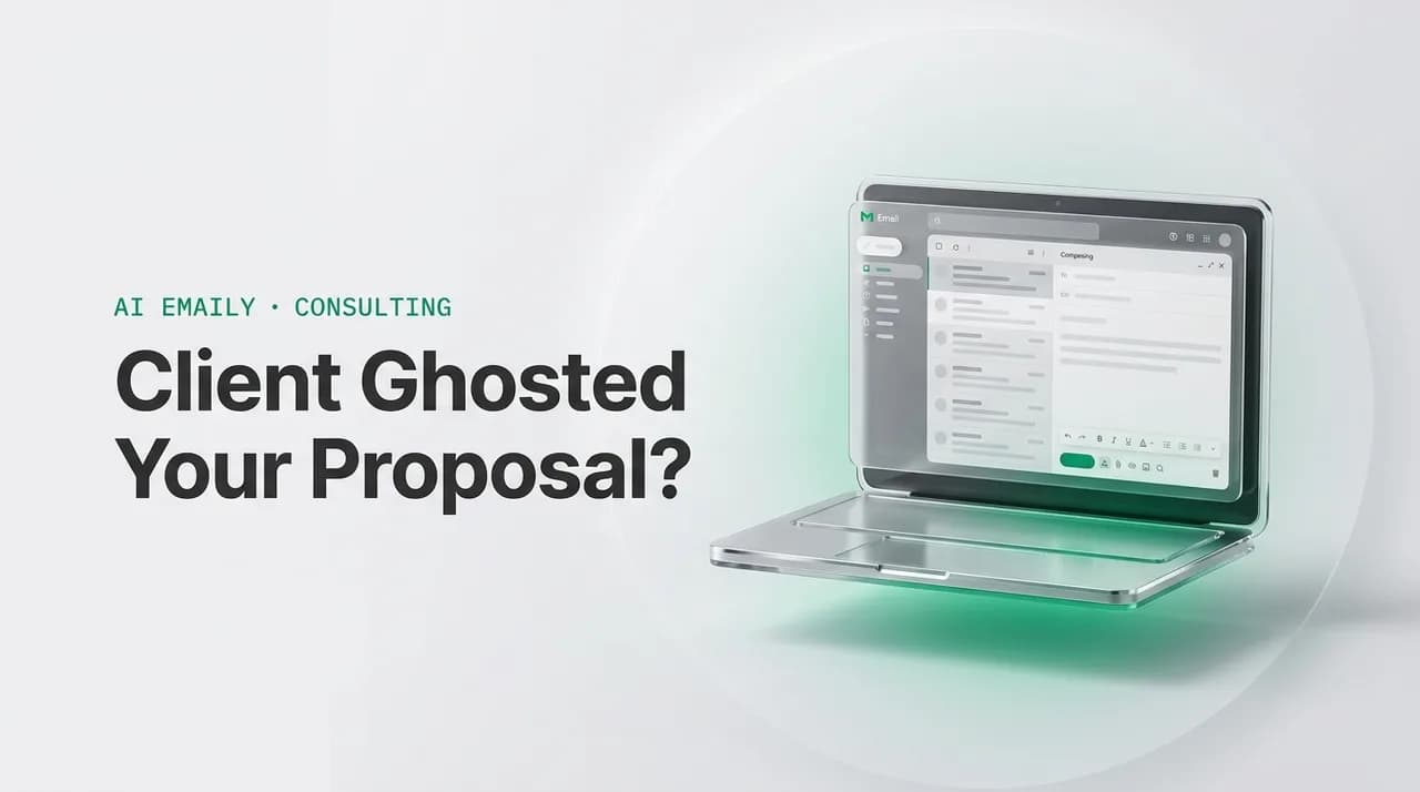 AI Emaily blog cover for follow up email after no response to proposal, showing an AI email client on a laptop with the headline Client Ghosted Your Proposal?
