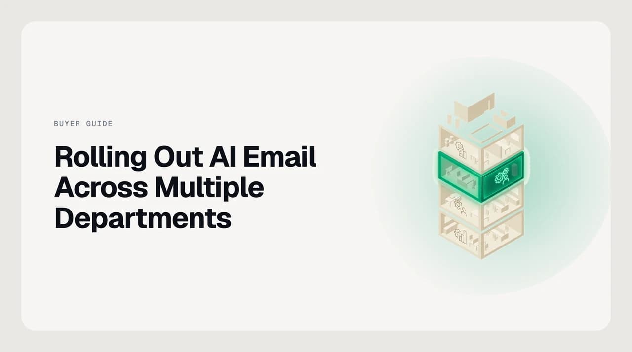 Diagram of rolling out AI email to multiple departments: one shared policy floor beneath separate sales, support, finance and legal configurations