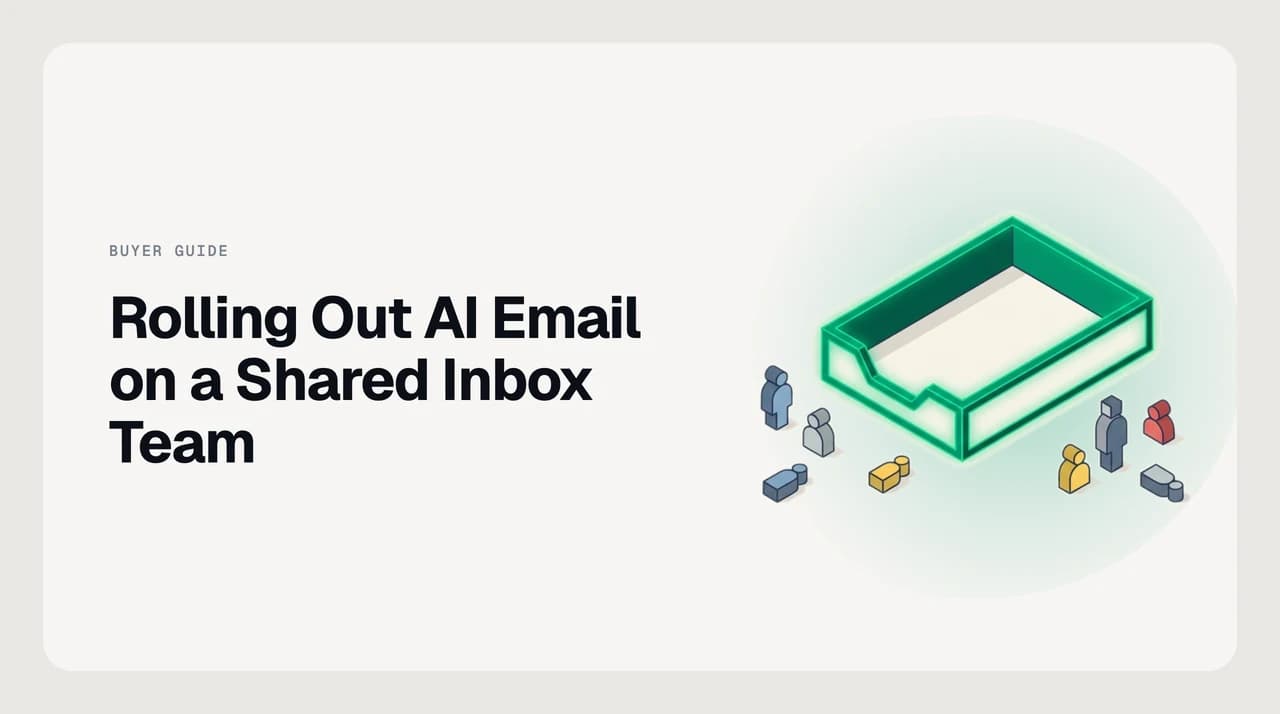 Illustration of an AI email for a shared inbox team rollout: one shared mailbox splitting into assigned lanes, each lane passing a single approver before a reply sends.