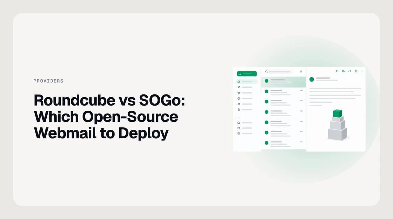 Roundcube vs SOGo webmail comparison — a lean IMAP mail interface on one side and a groupware server with calendar, contacts and ActiveSync sync on the other