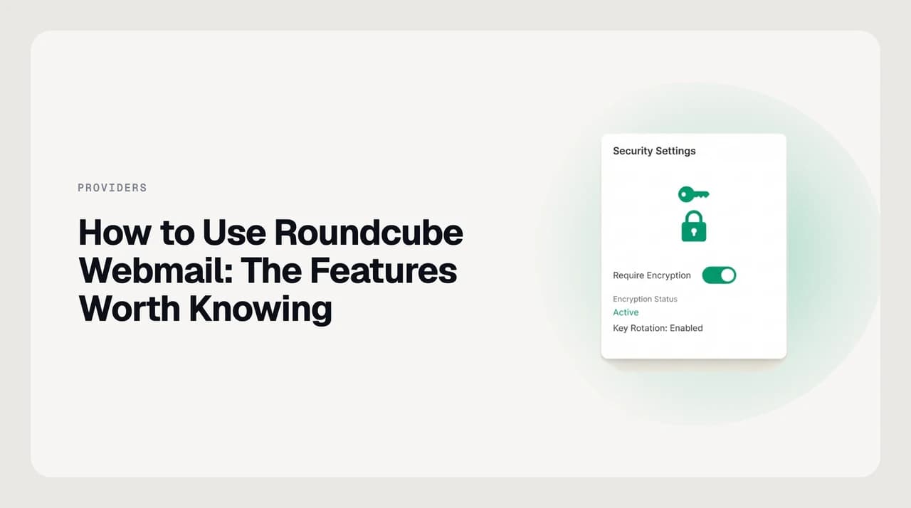 Roundcube webmail inbox layout with folder list, message list, and settings panel labeled