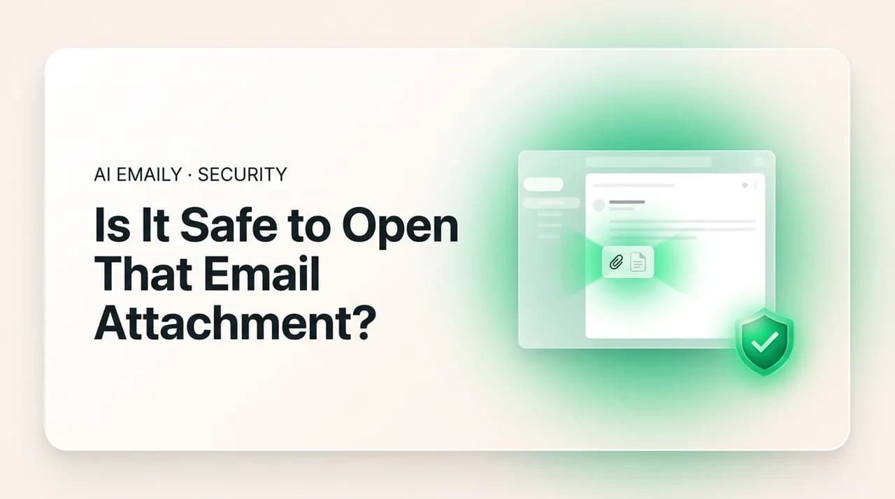 AI Emaily blog cover for is it safe to open email attachment, showing an attachment being scanned for safety