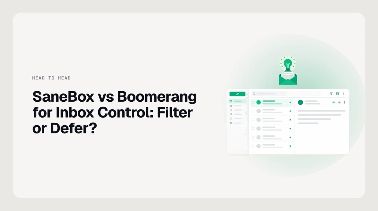 SaneBox vs Boomerang for inbox control — a filtering funnel diverting low-priority mail away from an inbox, beside a clock returning deferred messages at a scheduled time