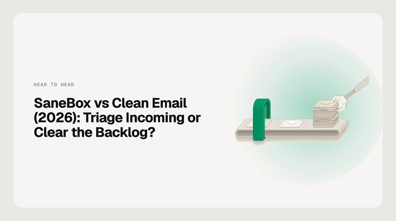 SaneBox vs Clean Email inbox cleanup comparison — two email management tools solving adjacent problems: incoming mail triage on one side, backlog bulk-processing on the other