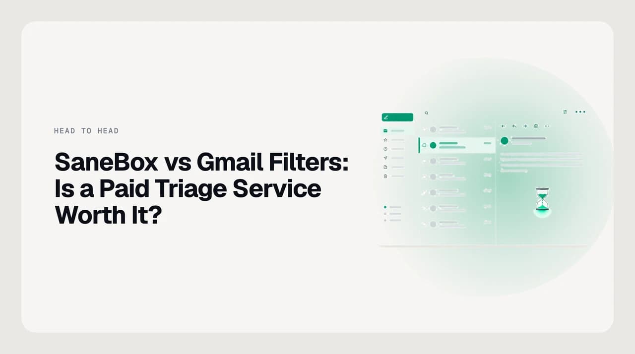 Side-by-side illustration comparing SaneBox adaptive triage folders against hand-written Gmail filter rules sorting an inbox