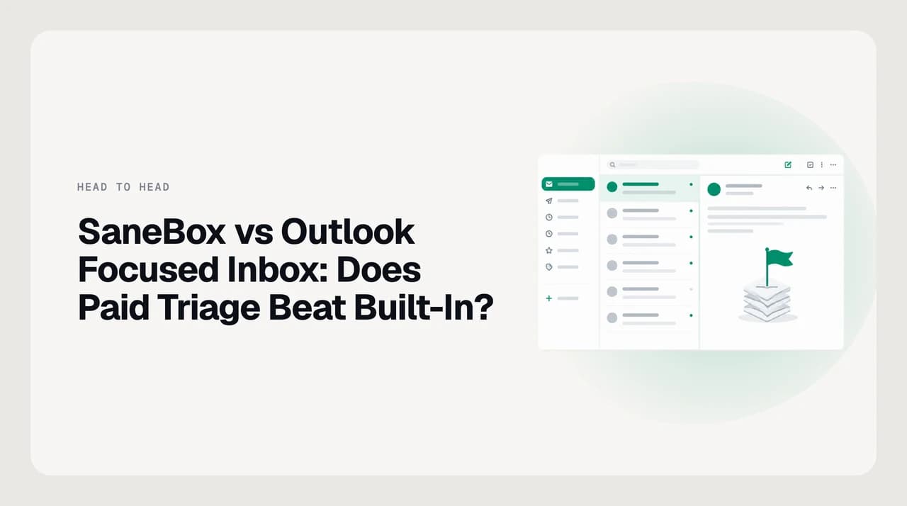 Conceptual illustration comparing SaneBox vs Outlook Focused Inbox: one inbox splitting into two tabs on one side and into several named server-side folders on the other