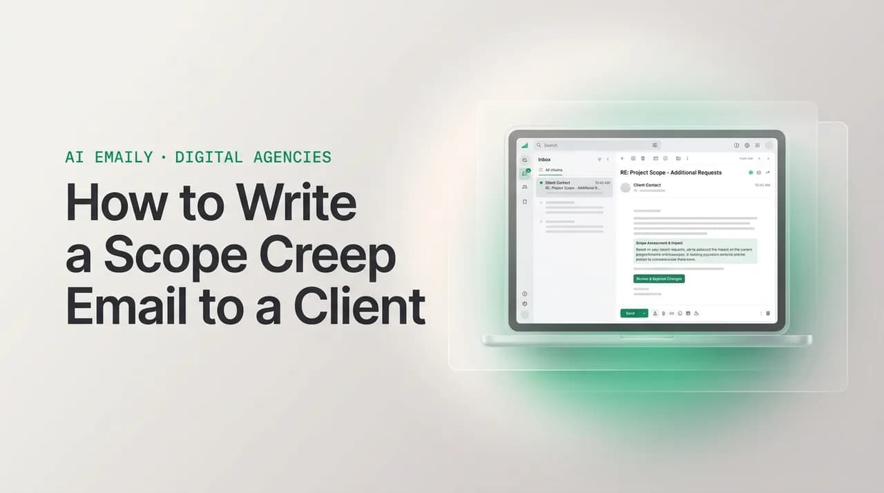 AI Emaily blog cover for scope creep email to client, showing an AI email client on a laptop with the headline How to Write a Scope Creep Email to a Client