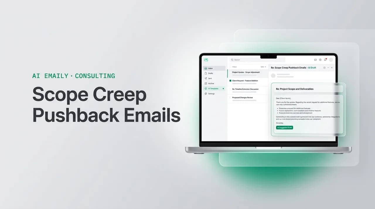 AI Emaily blog cover for scope creep email template freelancer, showing an AI email client on a laptop with the headline Scope Creep Pushback Emails