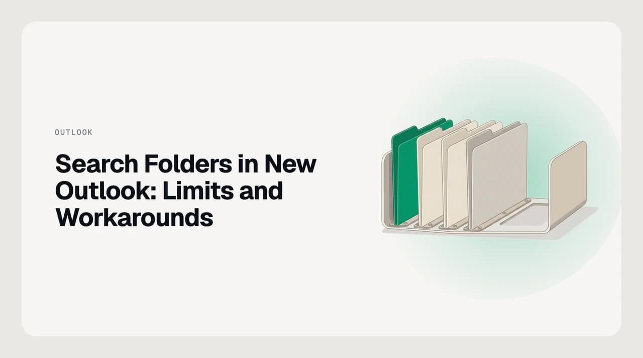 Illustration for search folders in new Outlook: a saved live query drawn as a folder, with the custom-criteria builder greyed out beside the predefined list that survives the move
